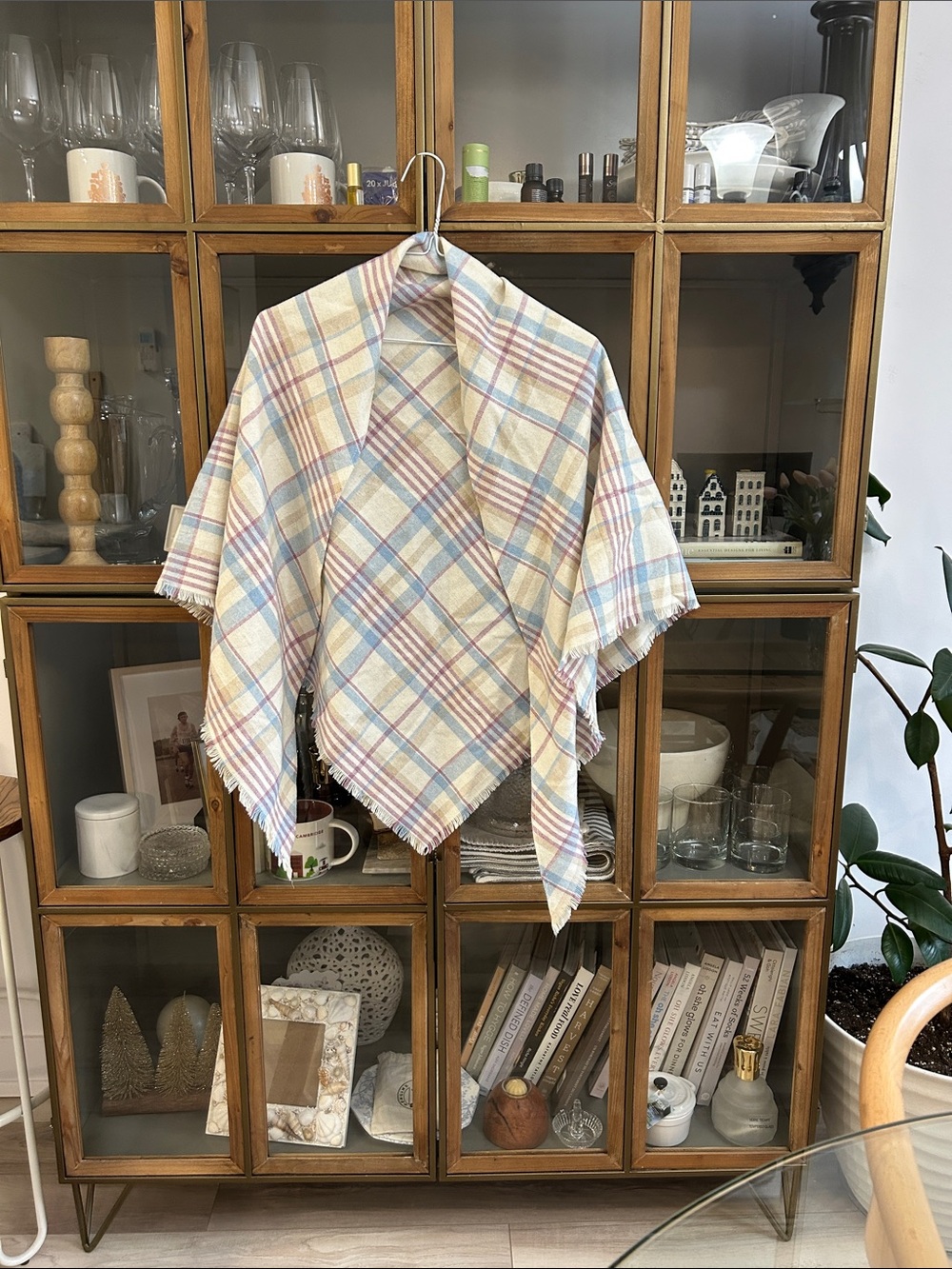 Vintage Plaid Shawl in Cream, Blue & Pink